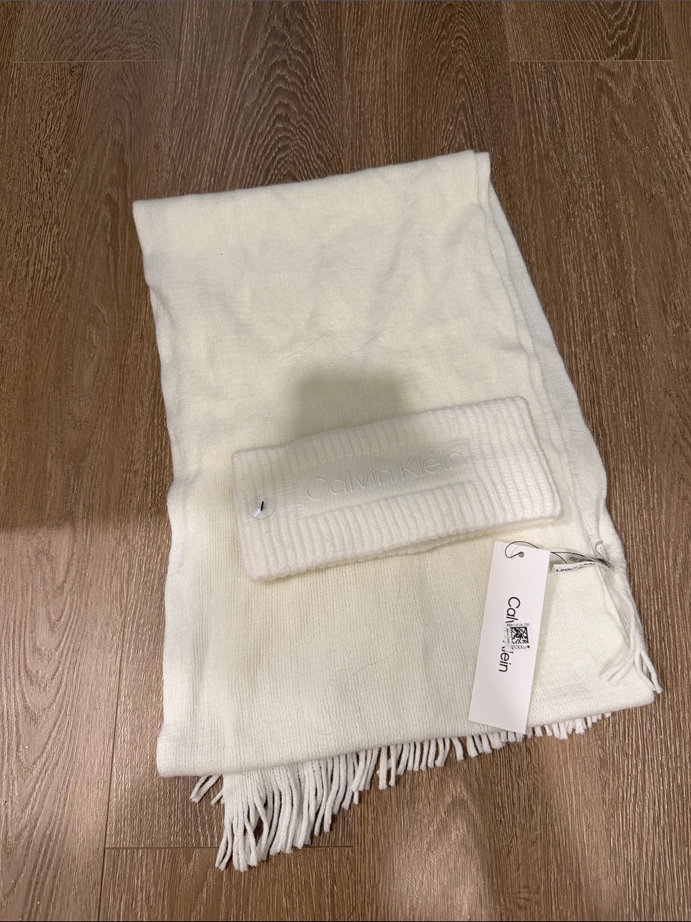 Calvin Klein Cream Ribbed Knit Headband & Scarf with Embossed Logo
